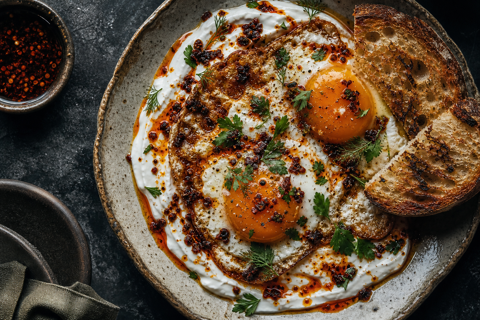 Crispy Chili Eggs on Yogurt